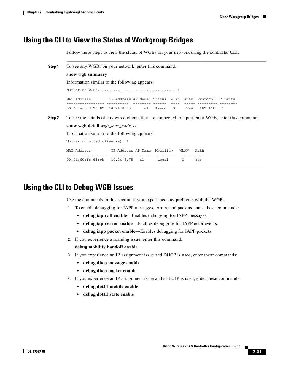 Using the cli to debug wgb issues | Cisco WIRELESS LAN CONTROLLER OL-17037-01 User Manual | Page 41 / 80