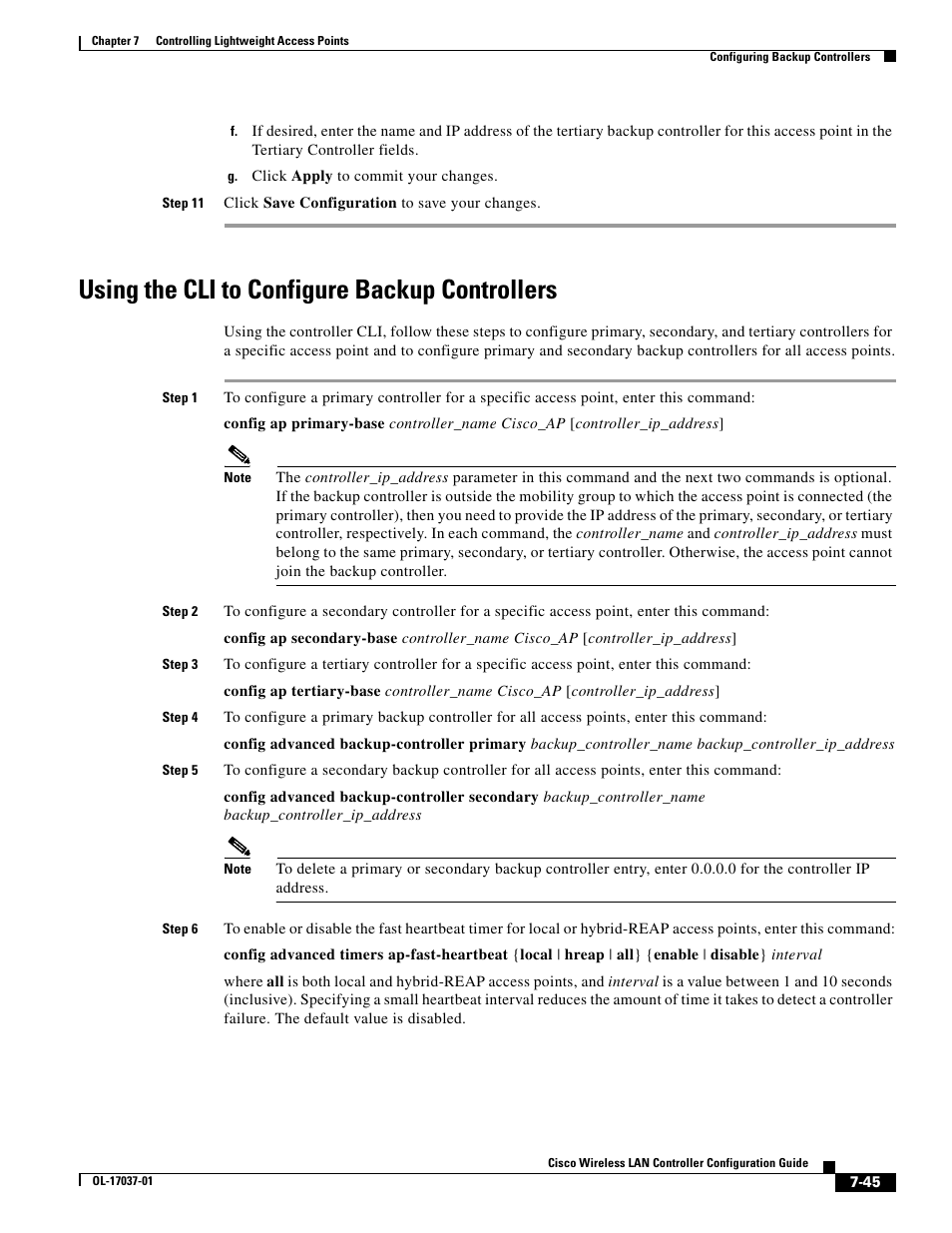 Using the cli to configure backup controllers | Cisco WIRELESS LAN CONTROLLER OL-17037-01 User Manual | Page 45 / 80