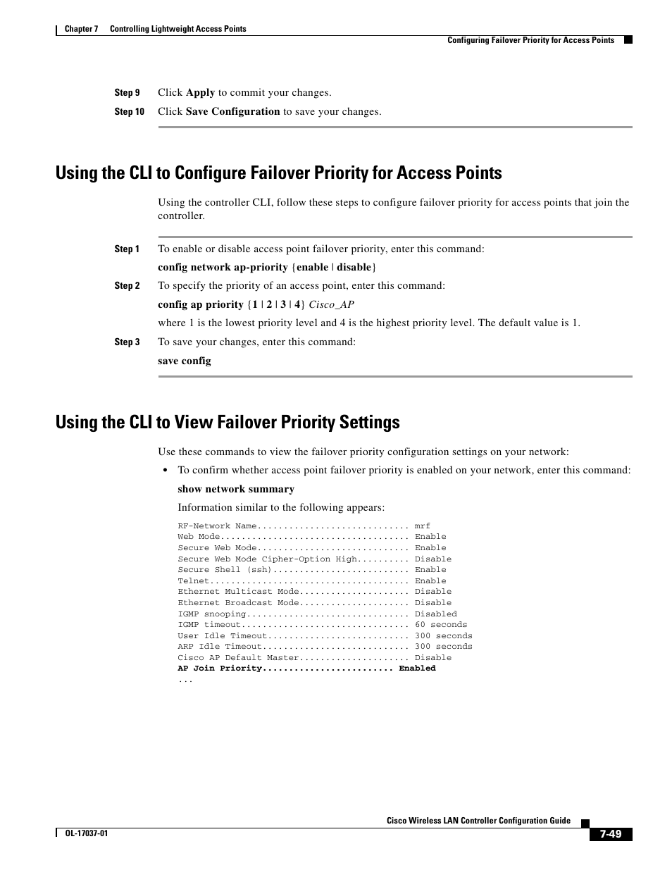 Using the cli to view failover priority settings | Cisco WIRELESS LAN CONTROLLER OL-17037-01 User Manual | Page 49 / 80