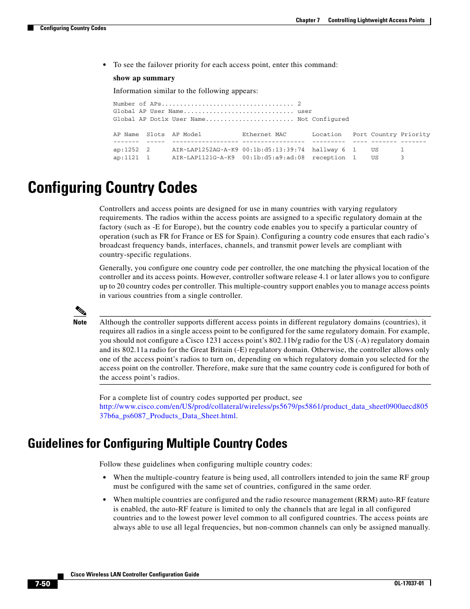 Configuring country codes, Guidelines for configuring multiple country codes | Cisco WIRELESS LAN CONTROLLER OL-17037-01 User Manual | Page 50 / 80