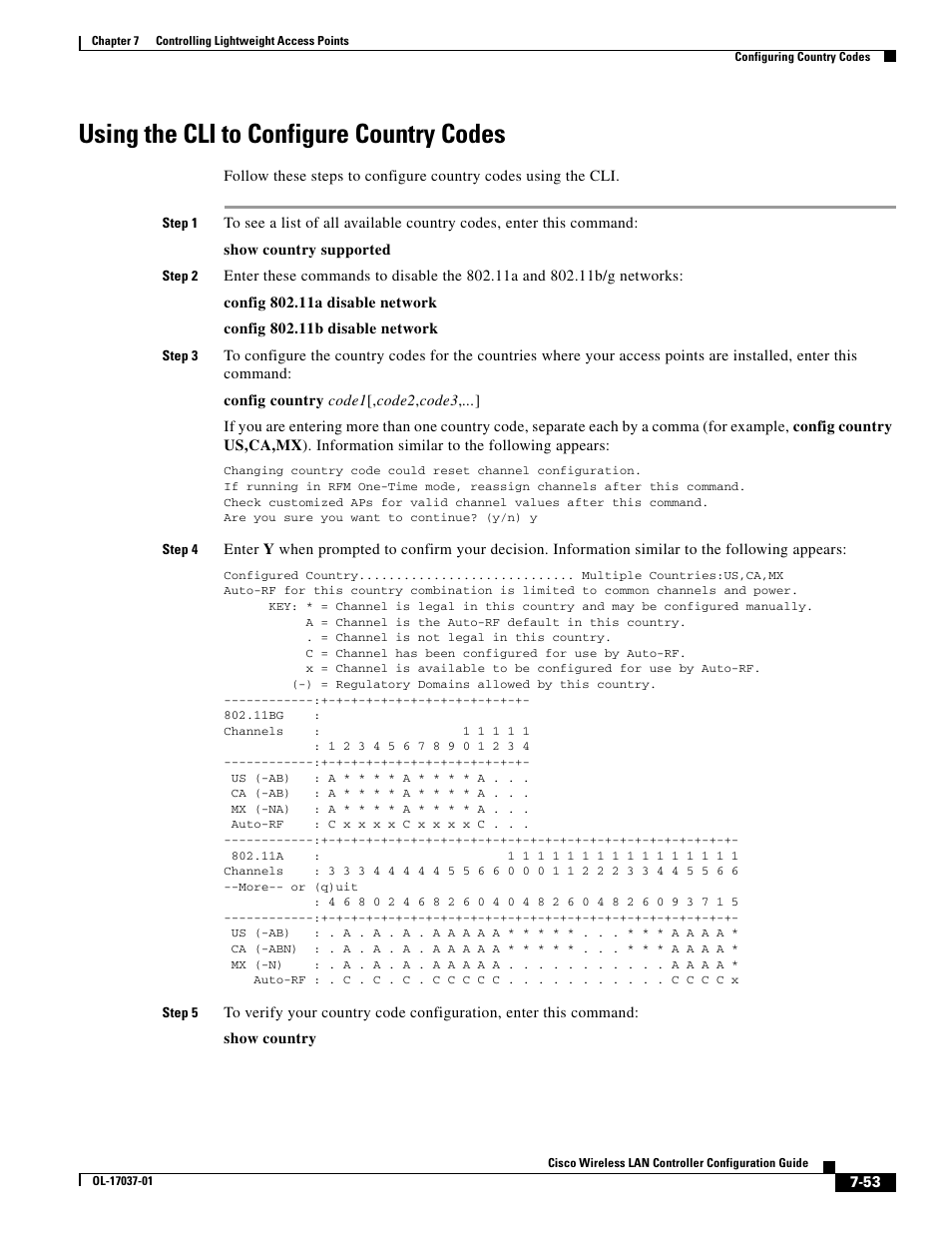 Using the cli to configure country codes | Cisco WIRELESS LAN CONTROLLER OL-17037-01 User Manual | Page 53 / 80