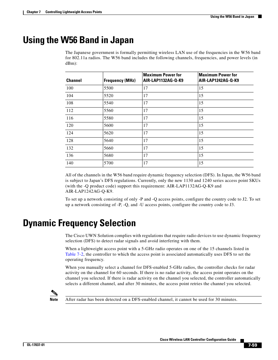 Using the w56 band in japan, Dynamic frequency selection | Cisco WIRELESS LAN CONTROLLER OL-17037-01 User Manual | Page 59 / 80