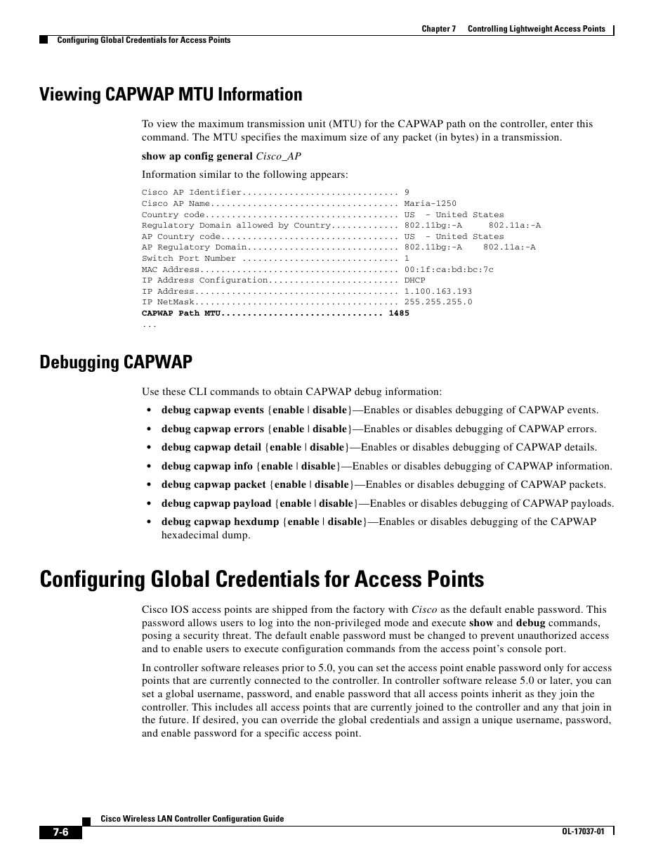 Viewing capwap mtu information, Debugging capwap, Configuring global credentials for access points | Cisco WIRELESS LAN CONTROLLER OL-17037-01 User Manual | Page 6 / 80