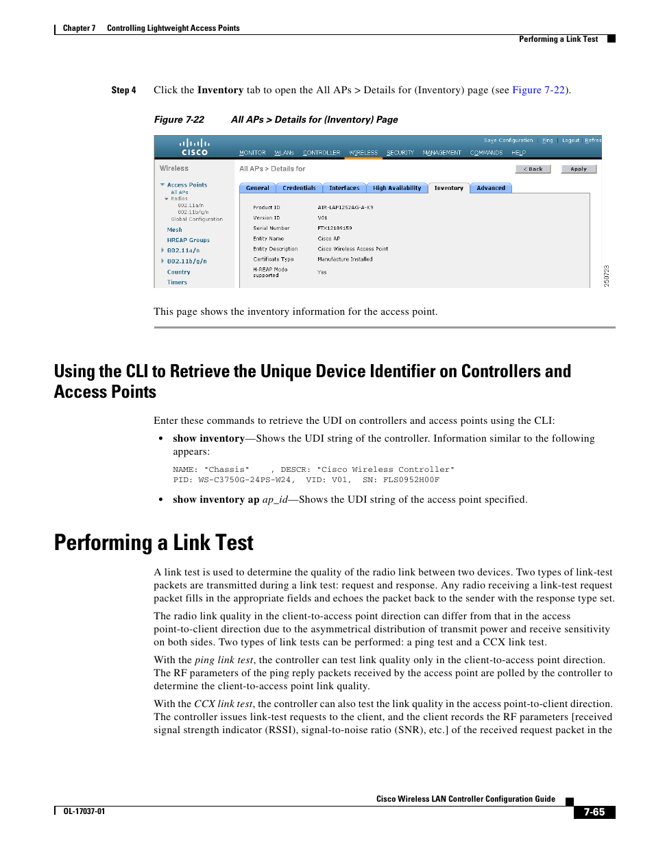 Performing a link test | Cisco WIRELESS LAN CONTROLLER OL-17037-01 User Manual | Page 65 / 80