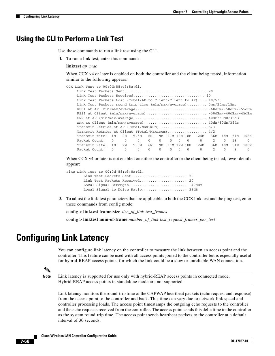 Using the cli to perform a link test, Configuring link latency | Cisco WIRELESS LAN CONTROLLER OL-17037-01 User Manual | Page 68 / 80
