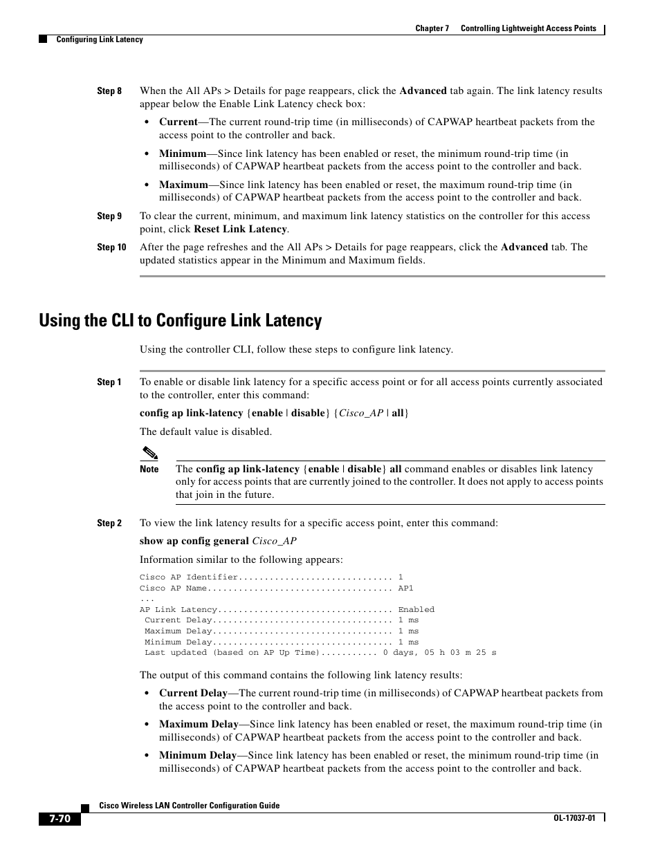 Using the cli to configure link latency | Cisco WIRELESS LAN CONTROLLER OL-17037-01 User Manual | Page 70 / 80