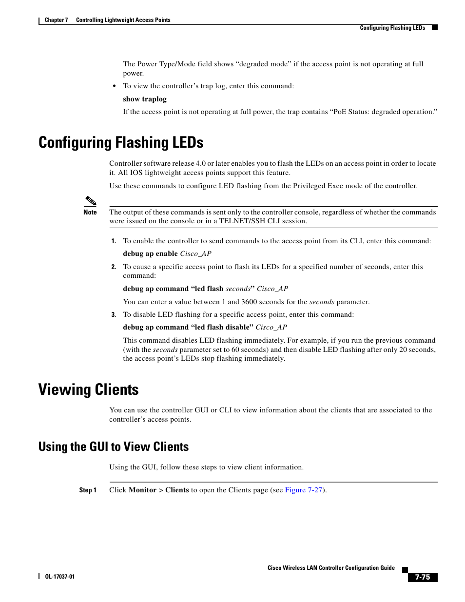 Configuring flashing leds, Viewing clients, Using the gui to view clients | Cisco WIRELESS LAN CONTROLLER OL-17037-01 User Manual | Page 75 / 80