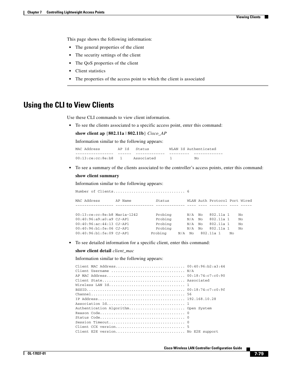 Using the cli to view clients | Cisco WIRELESS LAN CONTROLLER OL-17037-01 User Manual | Page 79 / 80