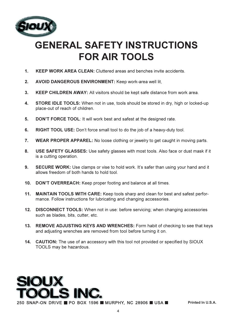 General safety instructions for air tools | Sioux Tools 1412 User Manual | Page 4 / 4