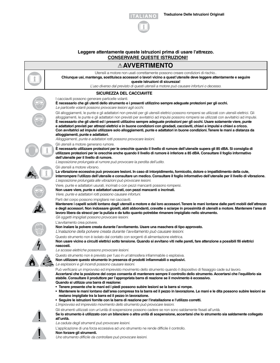 Avvertimento | Sioux Tools SSD10P User Manual | Page 10 / 31