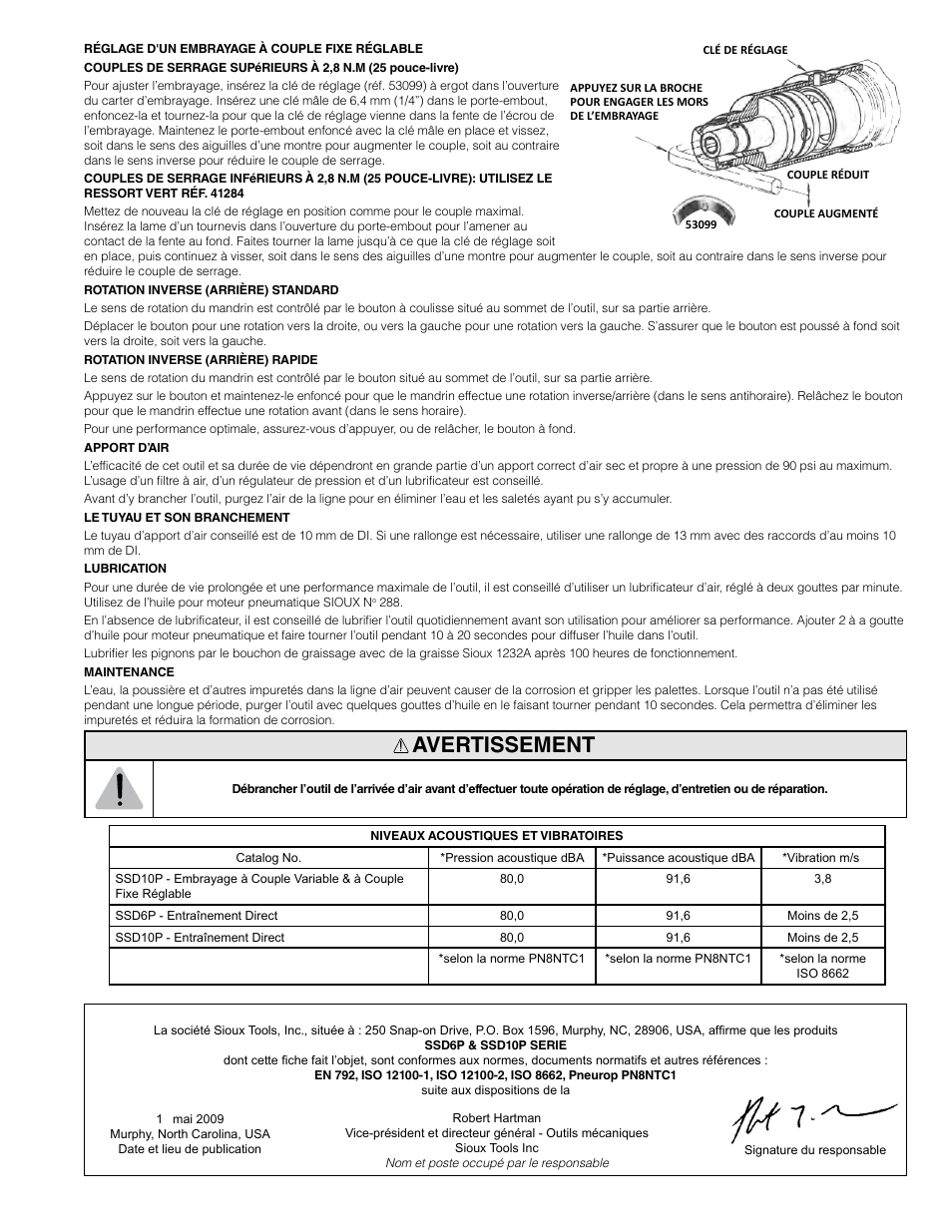 Avertissement | Sioux Tools SSD10P User Manual | Page 15 / 31