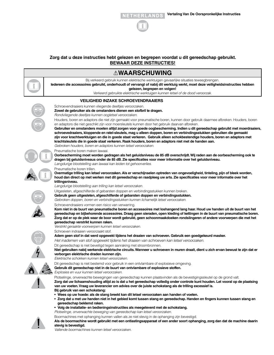 Waarschuwing | Sioux Tools SSD10P User Manual | Page 16 / 31