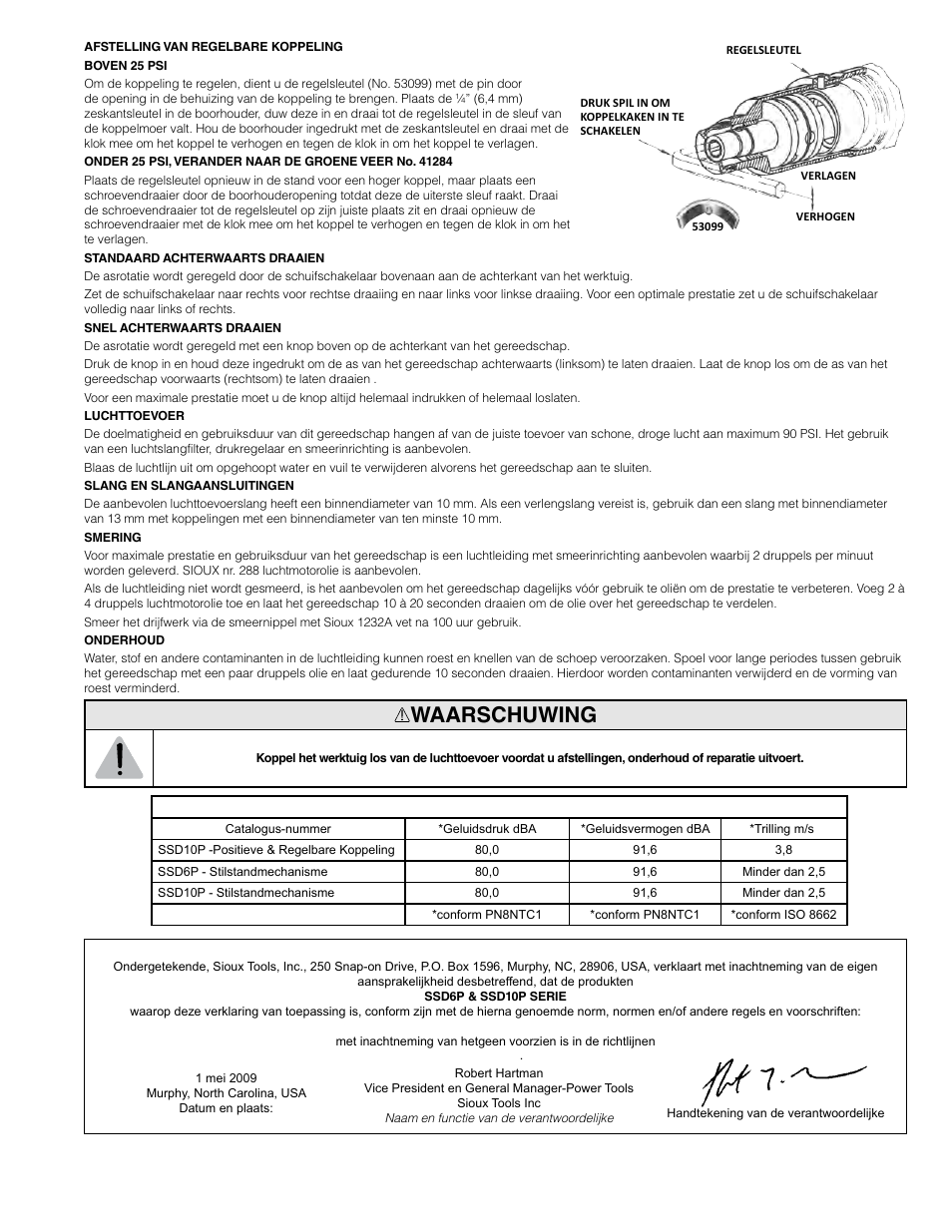 Waarschuwing | Sioux Tools SSD10P User Manual | Page 18 / 31