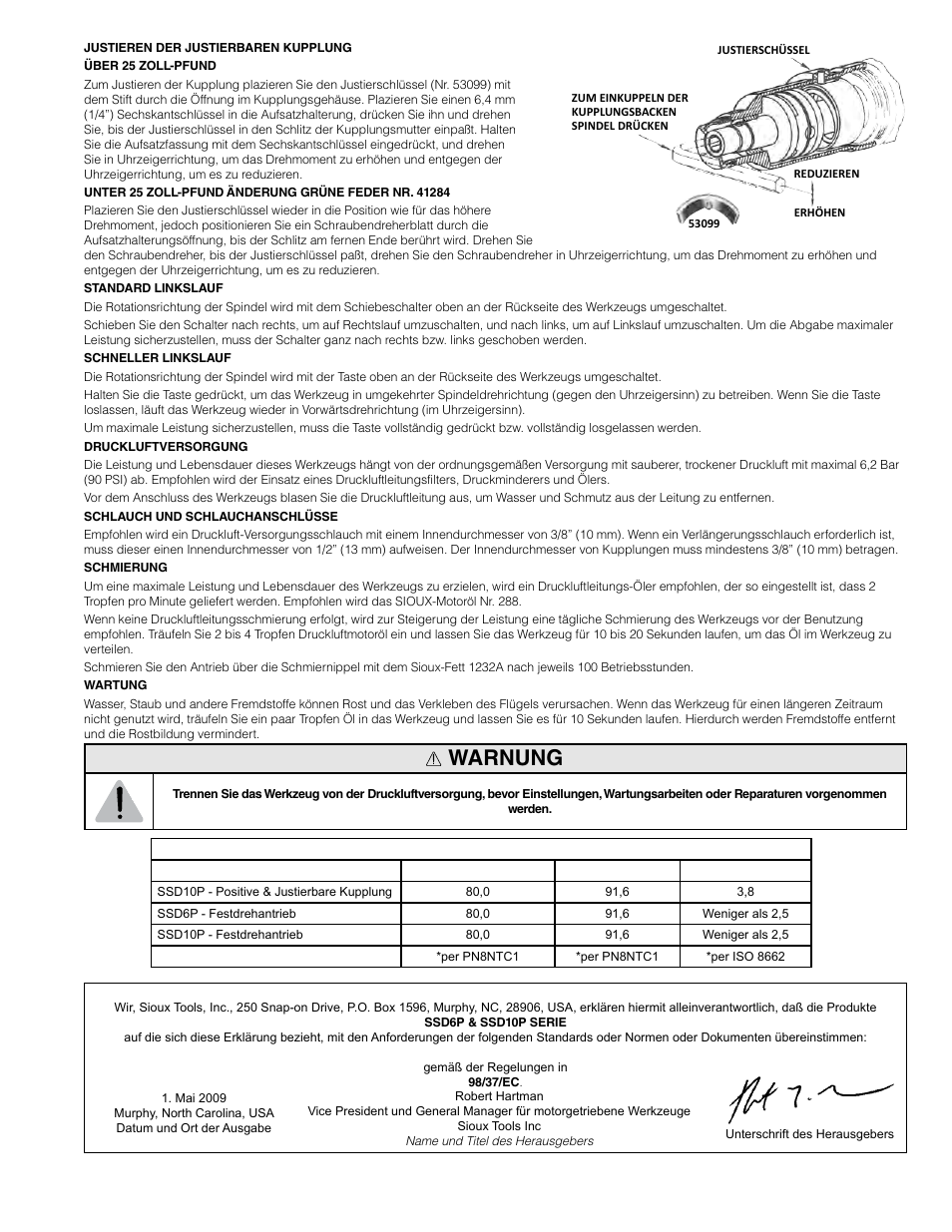 Warnung | Sioux Tools SSD10P User Manual | Page 6 / 31
