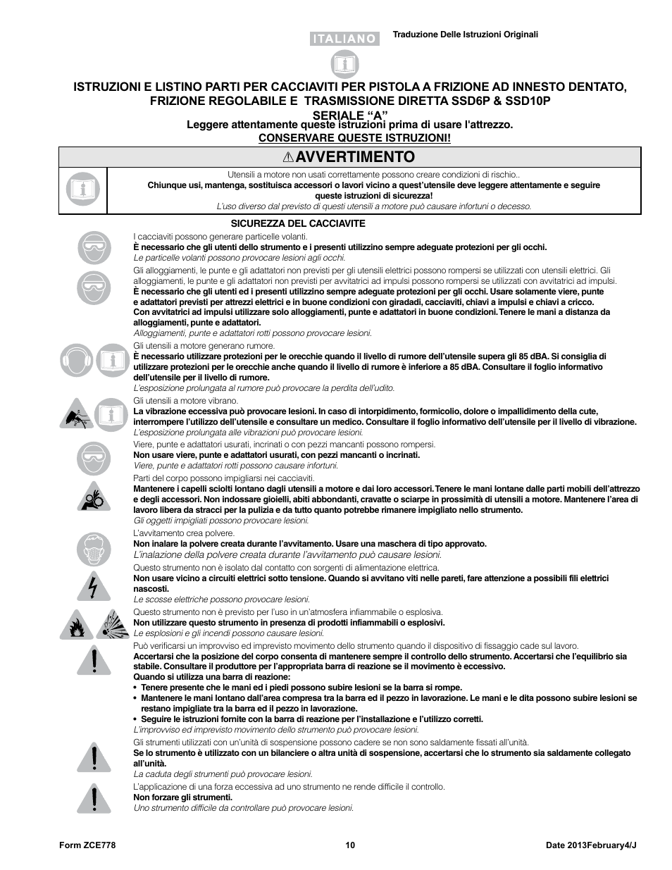Avvertimento | Sioux Tools SSD10P User Manual | Page 10 / 29