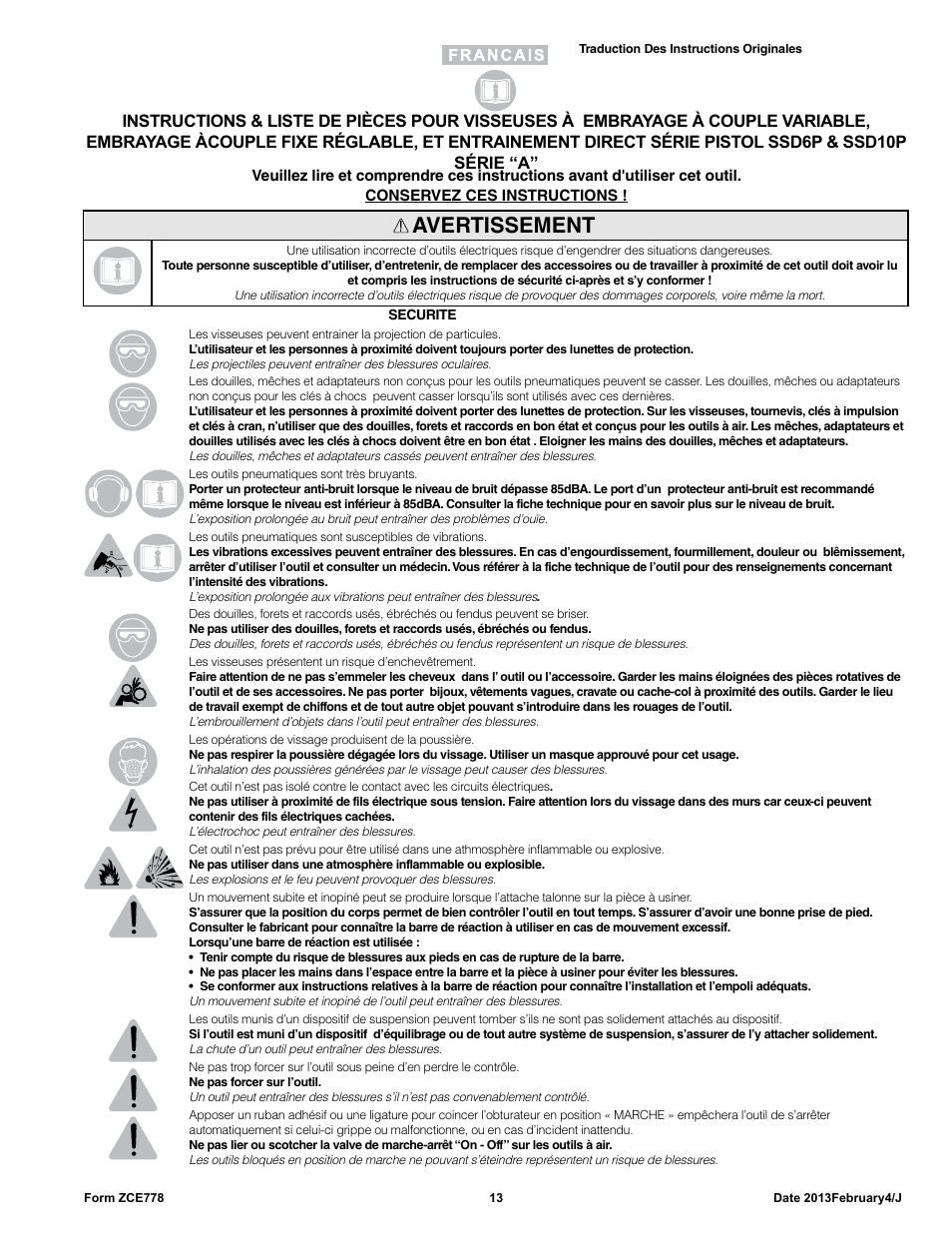 Avertissement | Sioux Tools SSD10P User Manual | Page 13 / 29