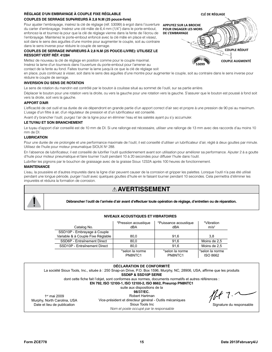 Avertissement | Sioux Tools SSD10P User Manual | Page 15 / 29