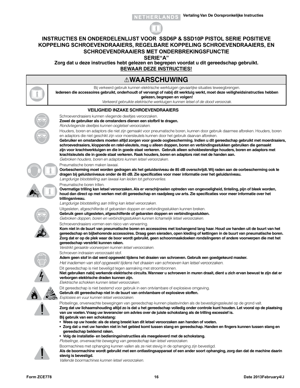 Waarschuwing | Sioux Tools SSD10P User Manual | Page 16 / 29