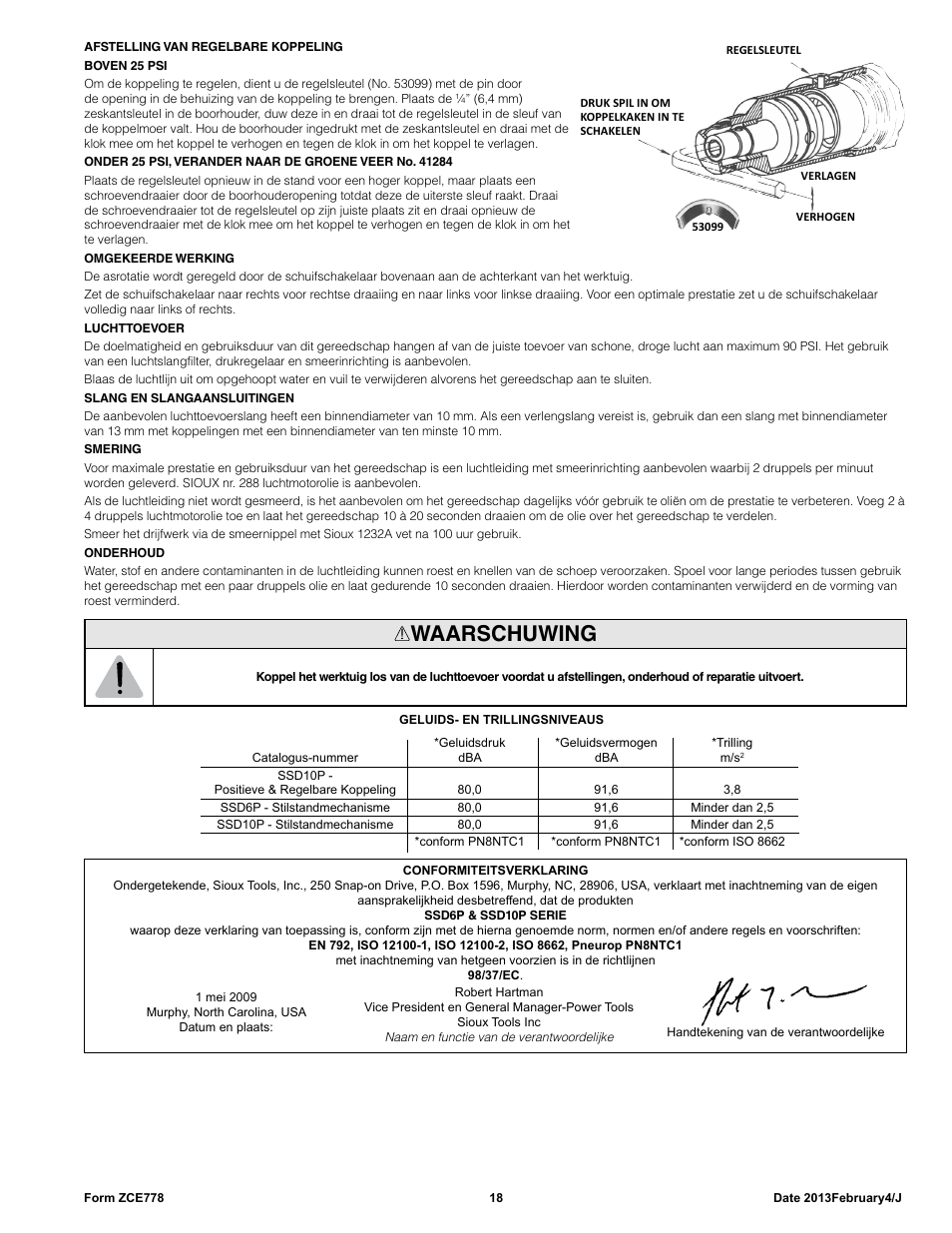 Waarschuwing | Sioux Tools SSD10P User Manual | Page 18 / 29