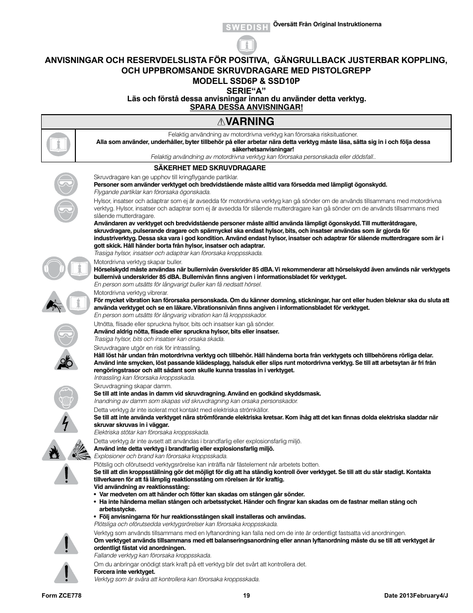 Varning | Sioux Tools SSD10P User Manual | Page 19 / 29