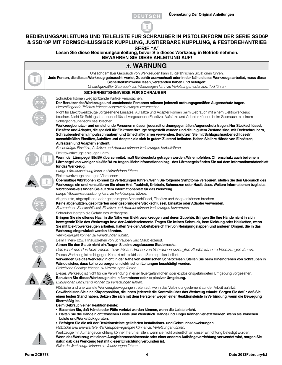 Warnung | Sioux Tools SSD10P User Manual | Page 4 / 29