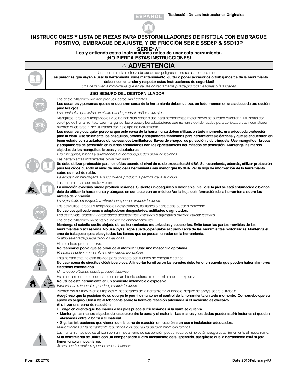 Advertencia | Sioux Tools SSD10P User Manual | Page 7 / 29