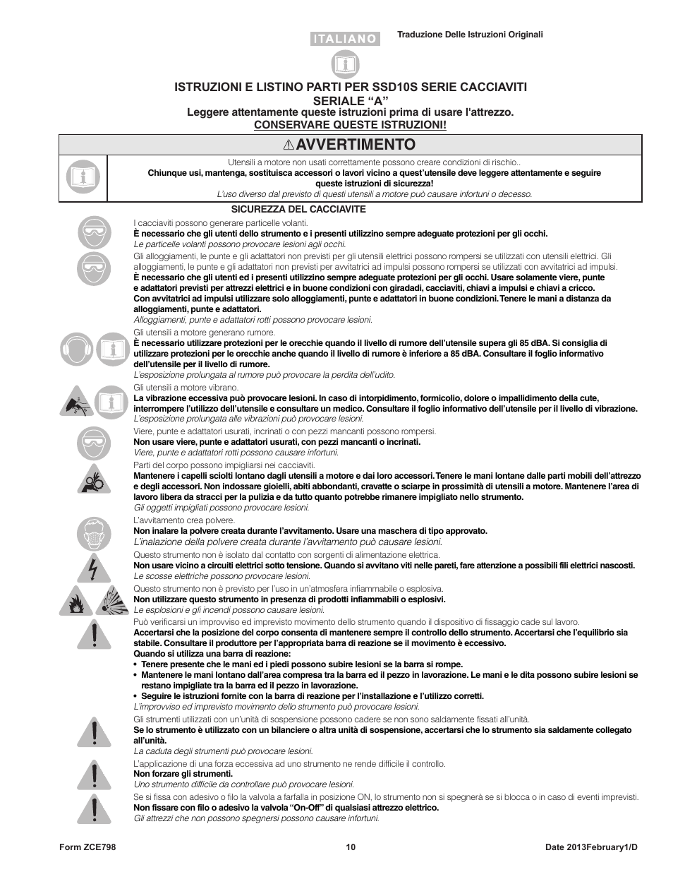 Avvertimento | Sioux Tools SSD10S User Manual | Page 10 / 27