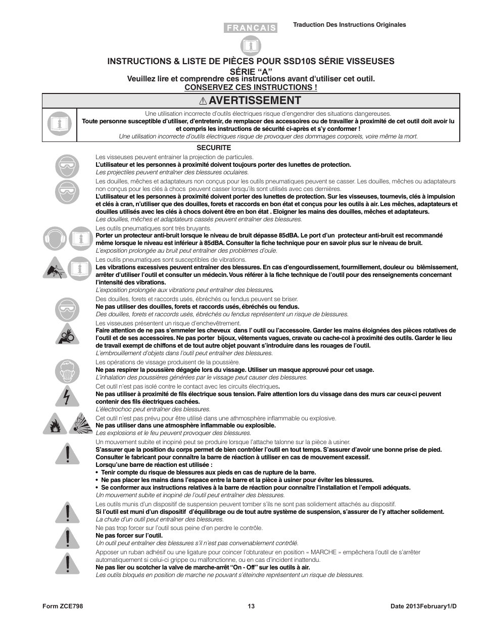 Avertissement | Sioux Tools SSD10S User Manual | Page 13 / 27
