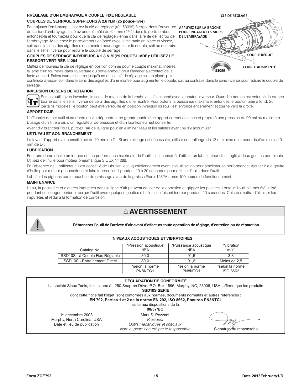 Avertissement | Sioux Tools SSD10S User Manual | Page 15 / 27