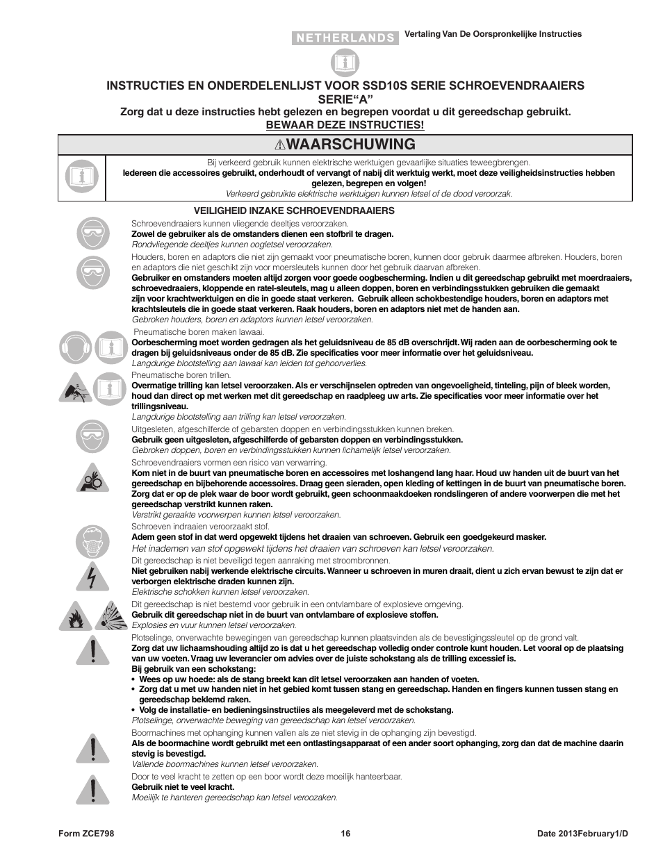 Waarschuwing | Sioux Tools SSD10S User Manual | Page 16 / 27