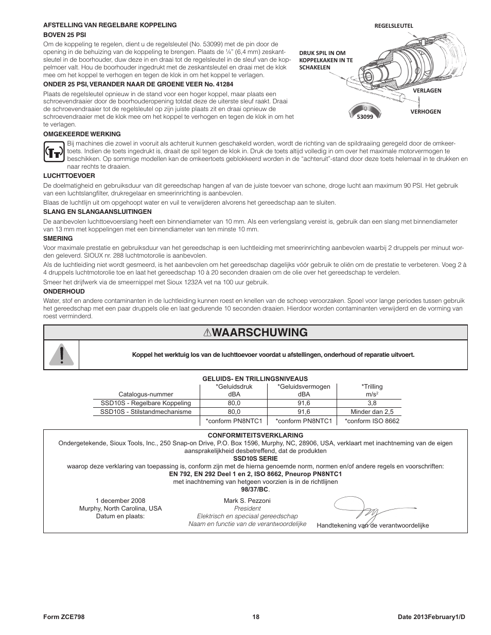 Waarschuwing | Sioux Tools SSD10S User Manual | Page 18 / 27