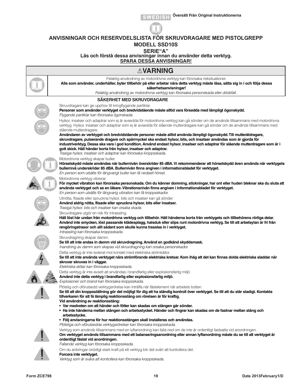 Varning | Sioux Tools SSD10S User Manual | Page 19 / 27