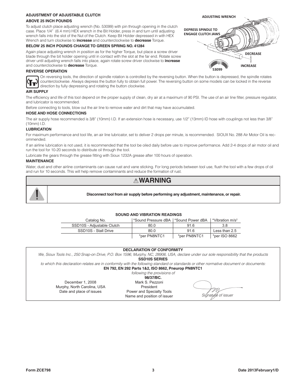 Warning | Sioux Tools SSD10S User Manual | Page 3 / 27