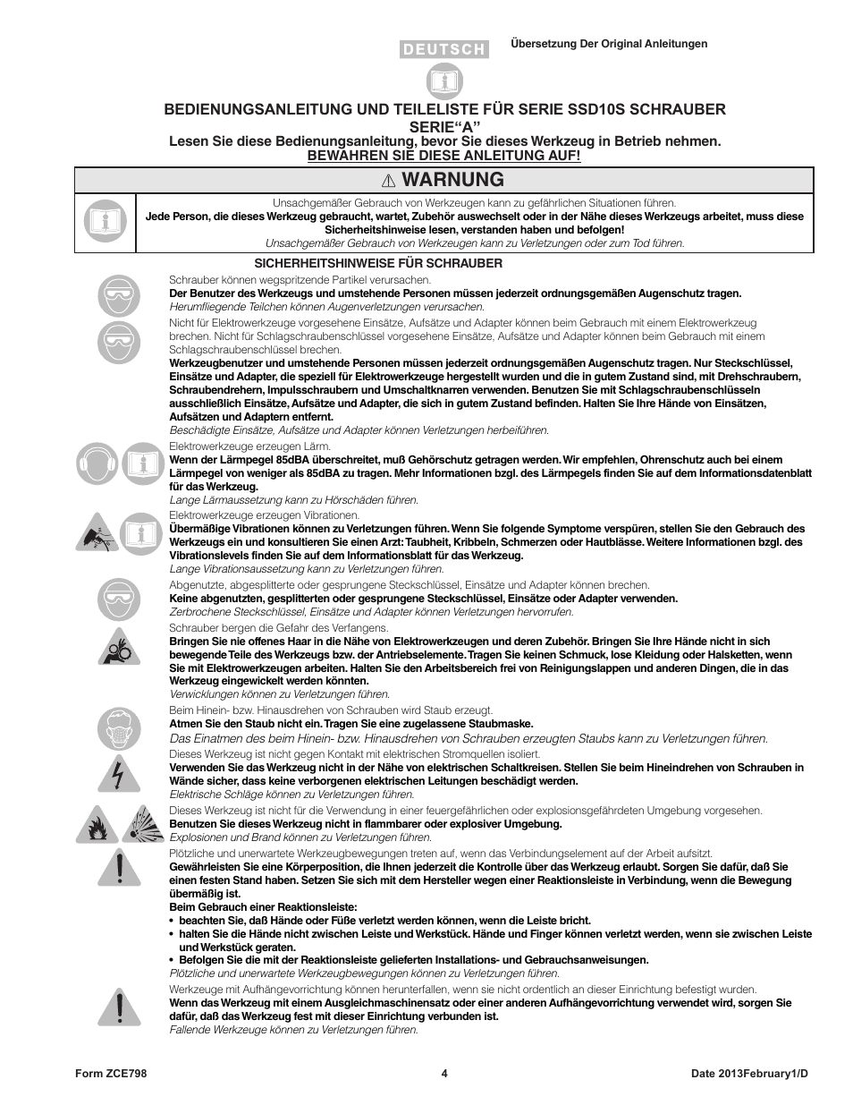 Warnung | Sioux Tools SSD10S User Manual | Page 4 / 27