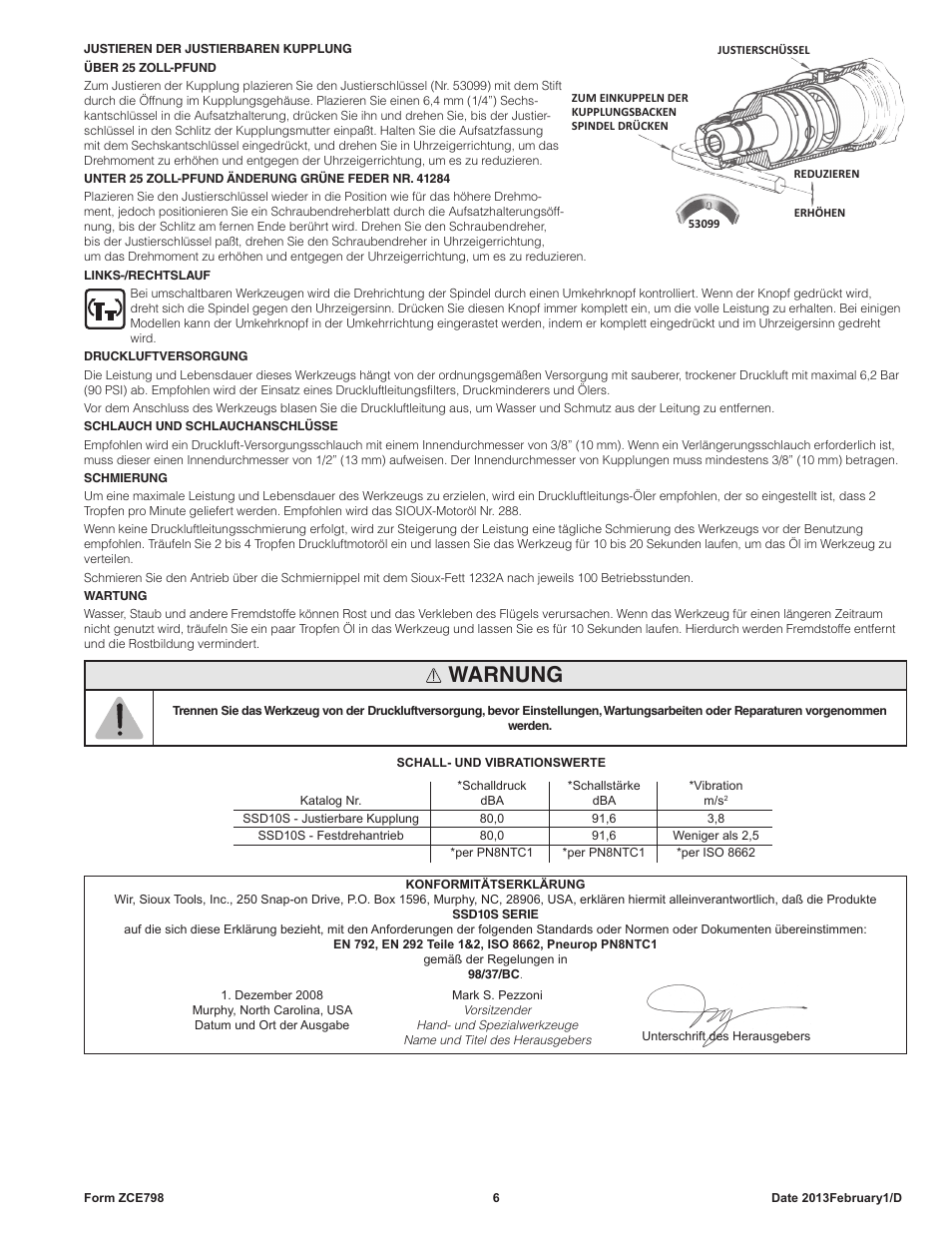 Warnung | Sioux Tools SSD10S User Manual | Page 6 / 27