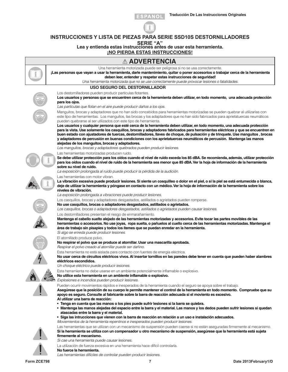 Advertencia | Sioux Tools SSD10S User Manual | Page 7 / 27