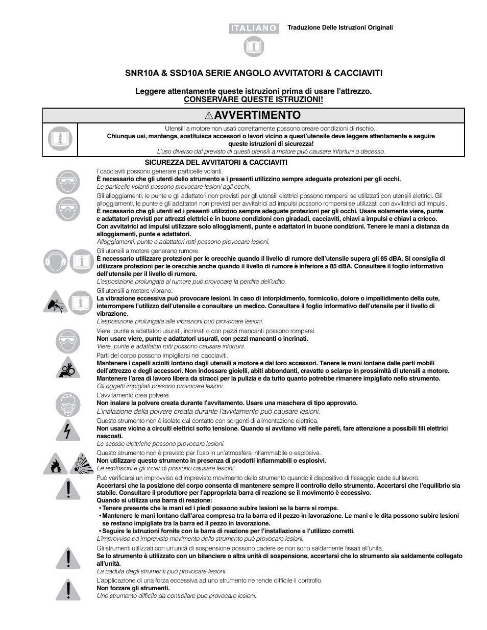 Avvertimento | Sioux Tools SSD10A User Manual | Page 10 / 27