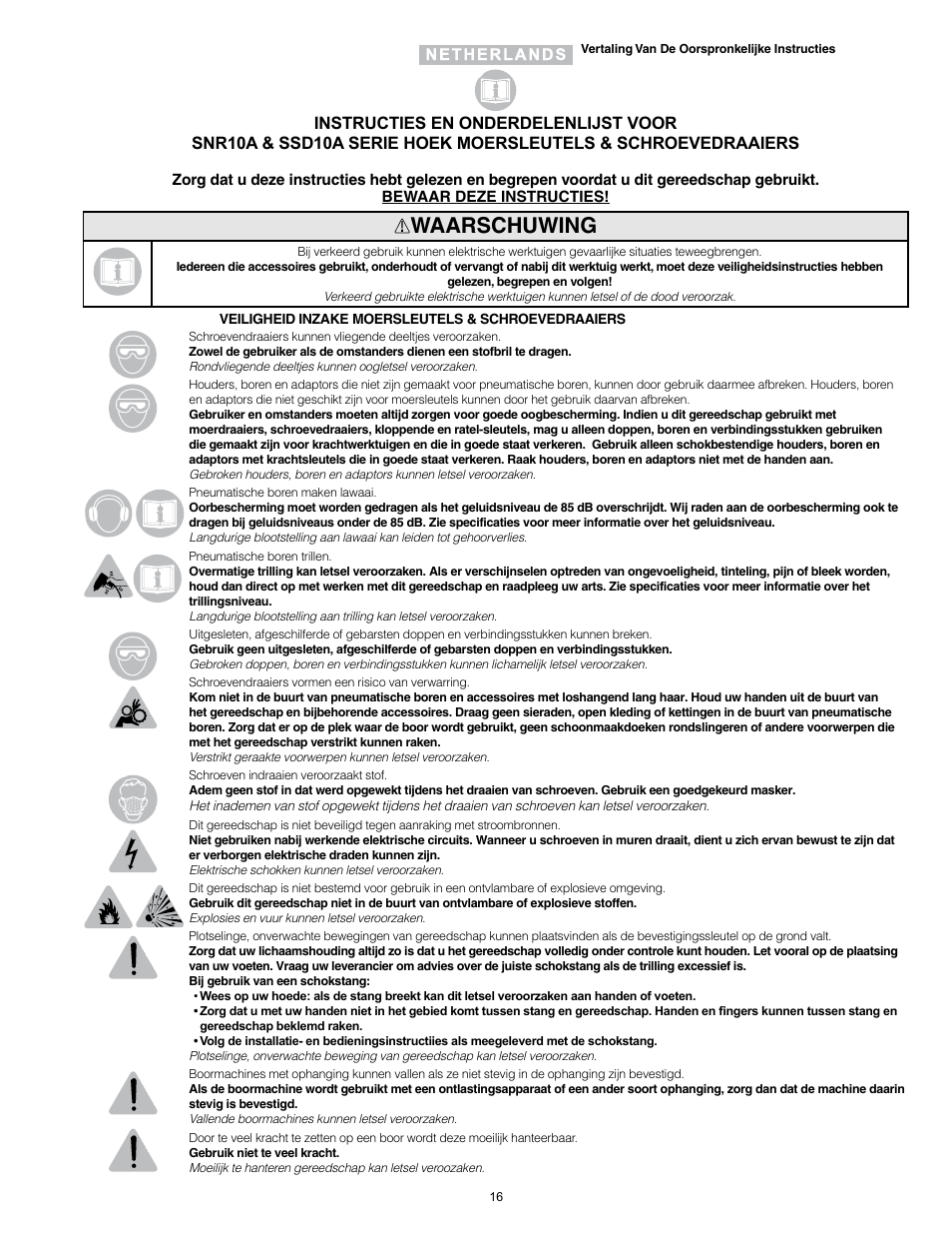 Waarschuwing | Sioux Tools SSD10A User Manual | Page 16 / 27