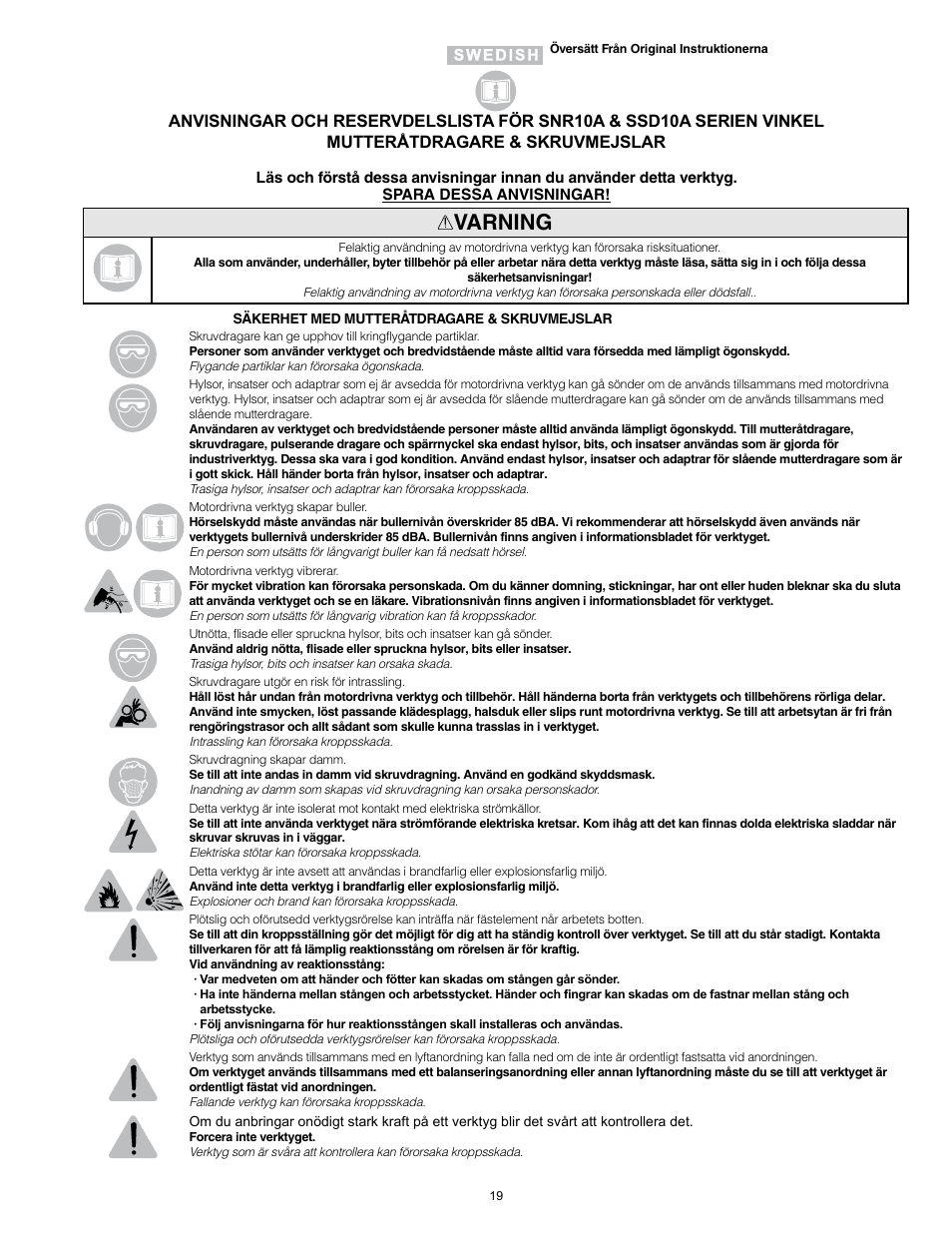 Varning | Sioux Tools SSD10A User Manual | Page 19 / 27