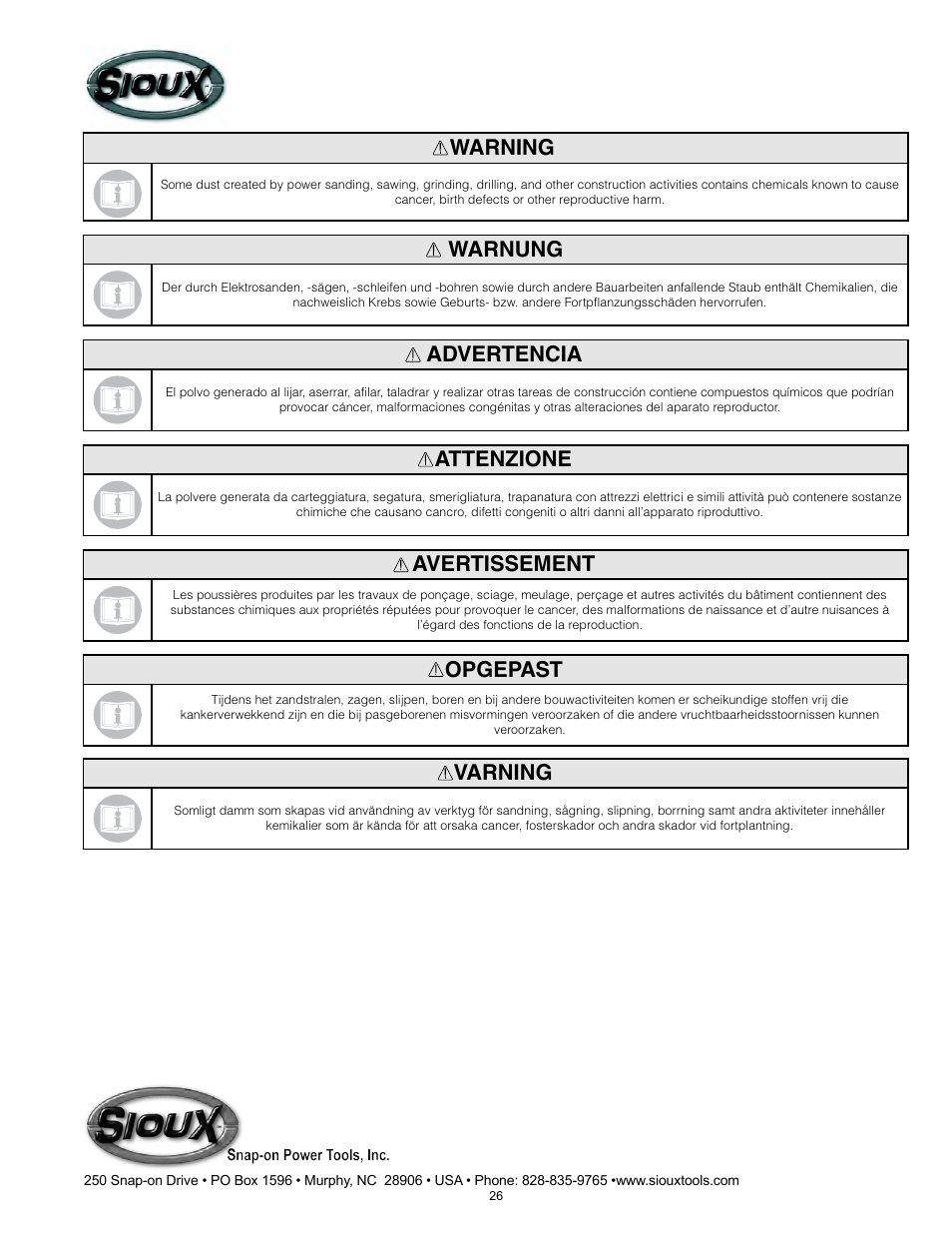 Warning, Warnung, Advertencia | Attenzione, Avertissement, Opgepast, Varning | Sioux Tools SSD10A User Manual | Page 26 / 27