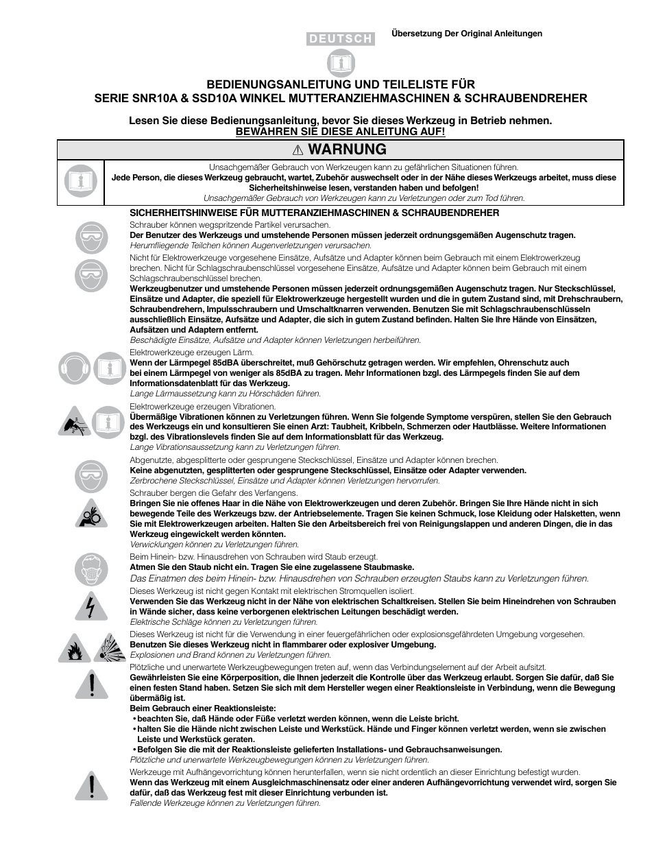 Warnung | Sioux Tools SSD10A User Manual | Page 4 / 27