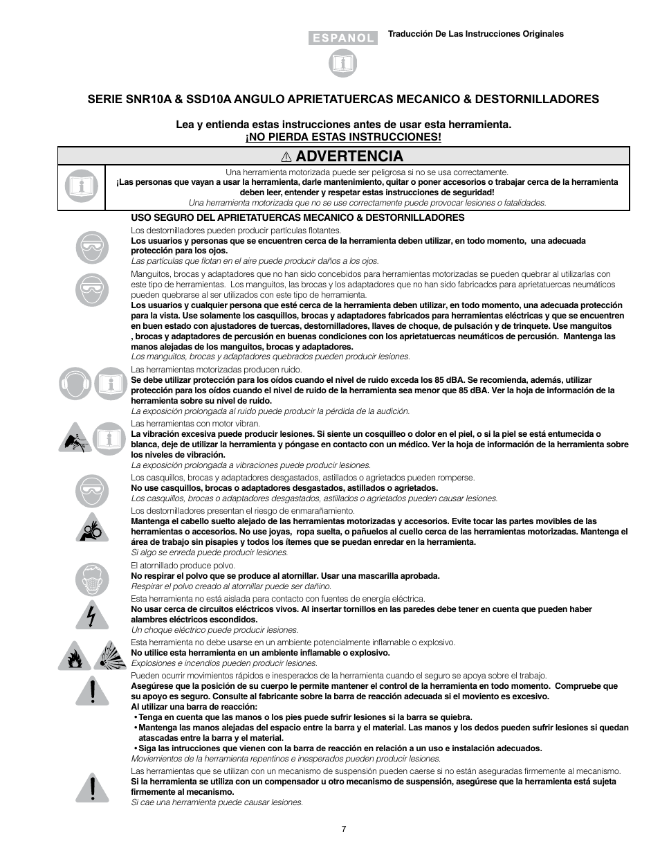 Advertencia | Sioux Tools SSD10A User Manual | Page 7 / 27