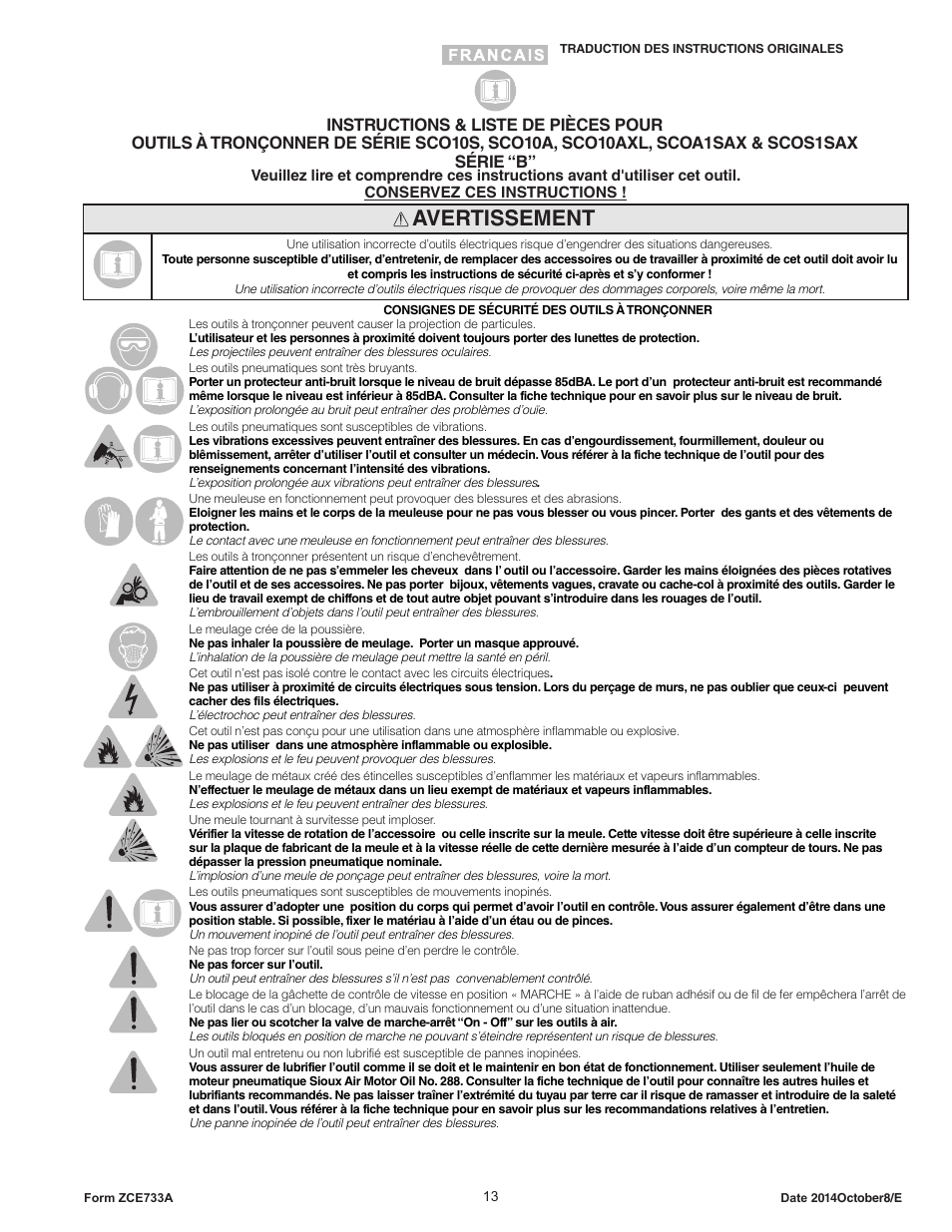 Avertissement | Sioux Tools SCOS1SAX User Manual | Page 13 / 31