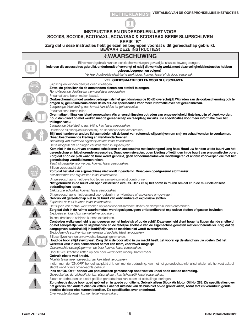 Waarschuwing | Sioux Tools SCOS1SAX User Manual | Page 16 / 31