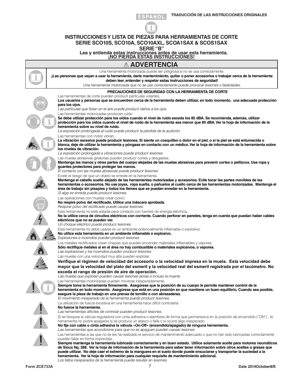 Advertencia | Sioux Tools SCOS1SAX User Manual | Page 7 / 31