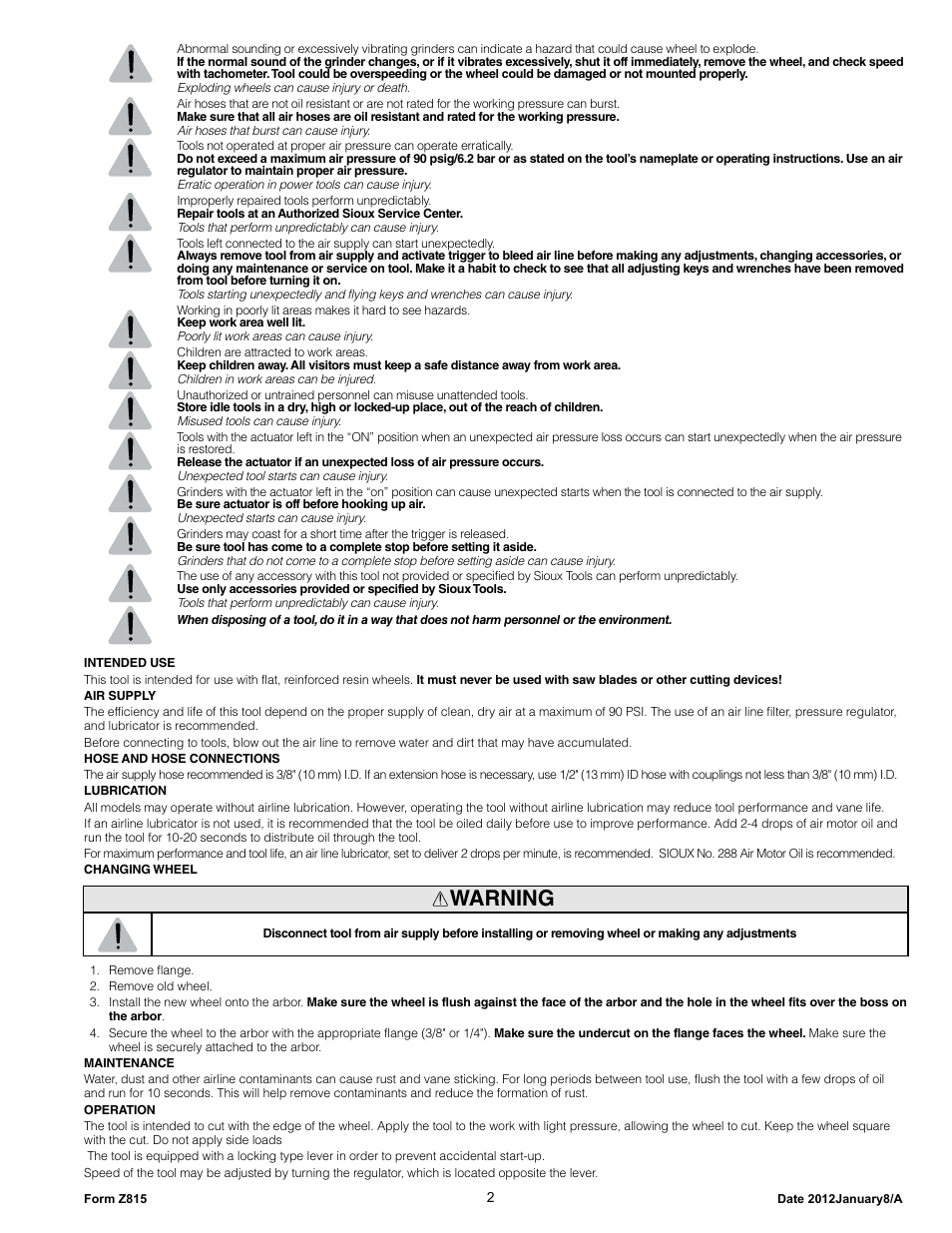 Warning | Sioux Tools SCO7AX184 User Manual | Page 2 / 5