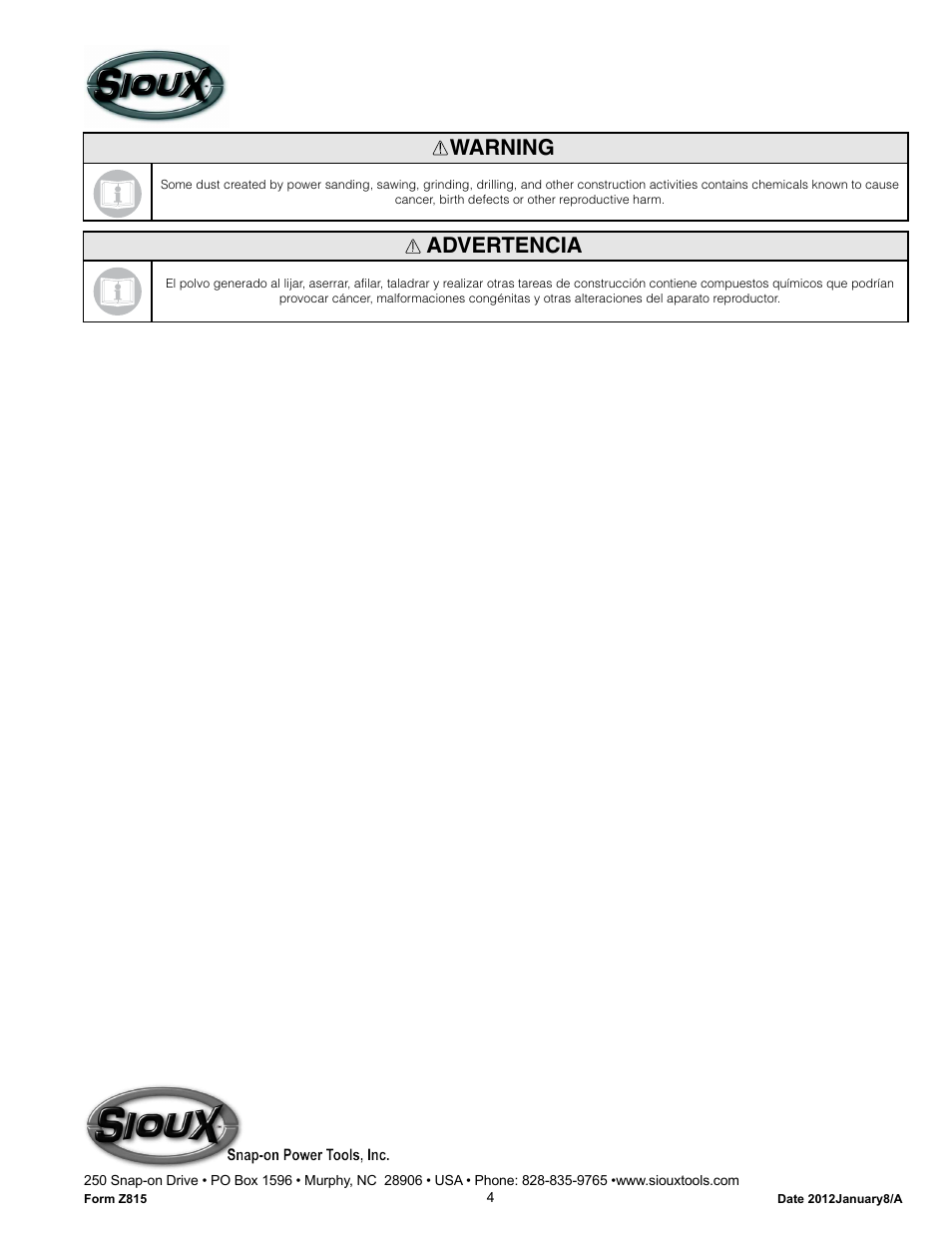 Warning, Advertencia | Sioux Tools SCO7AX184 User Manual | Page 4 / 5