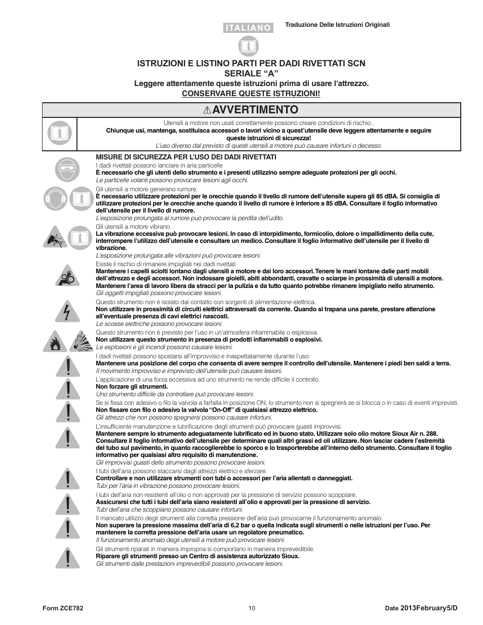 Avvertimento | Sioux Tools SCN CLINCH NUT TOOLS User Manual | Page 10 / 29