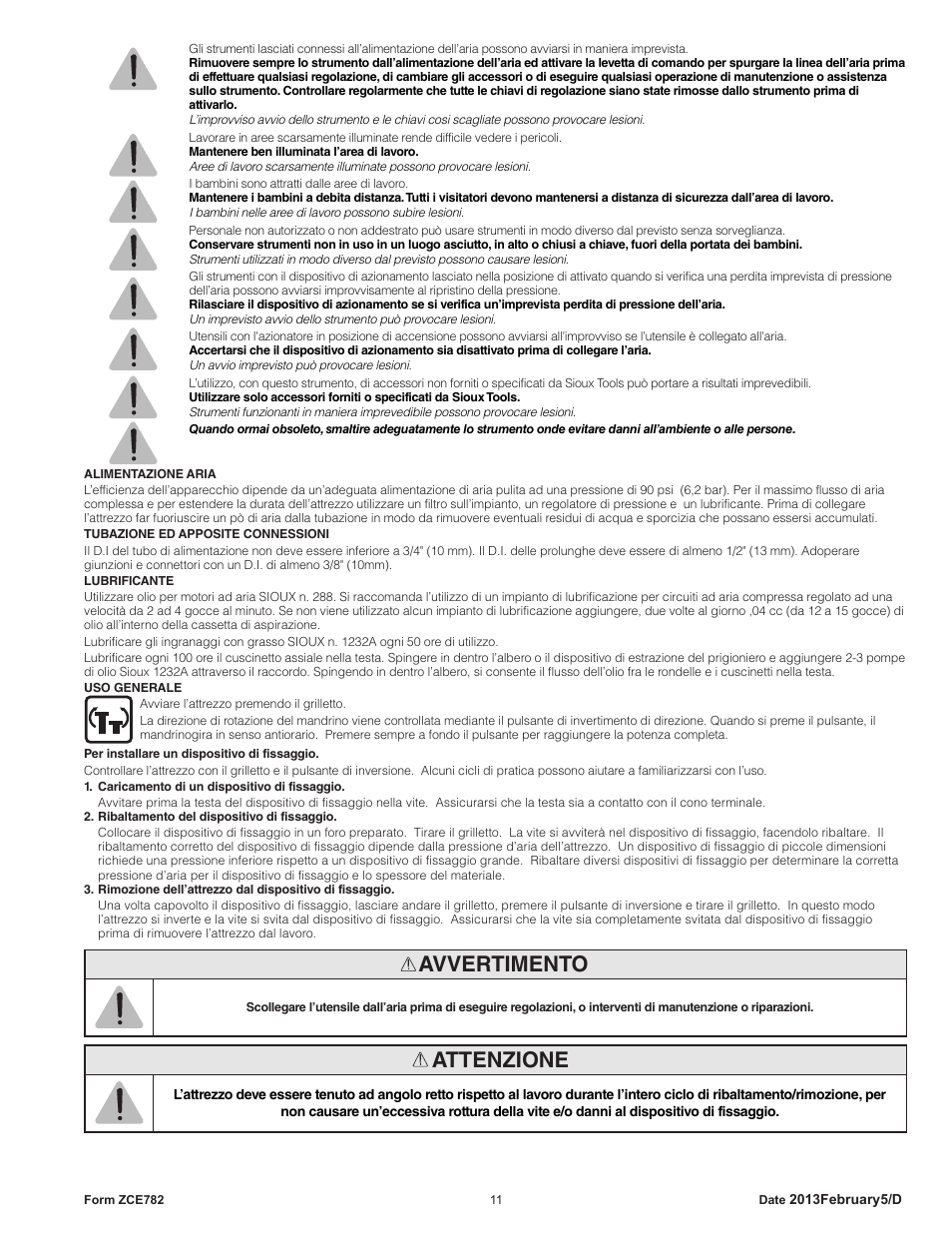 Avvertimento, Attenzione | Sioux Tools SCN CLINCH NUT TOOLS User Manual | Page 11 / 29