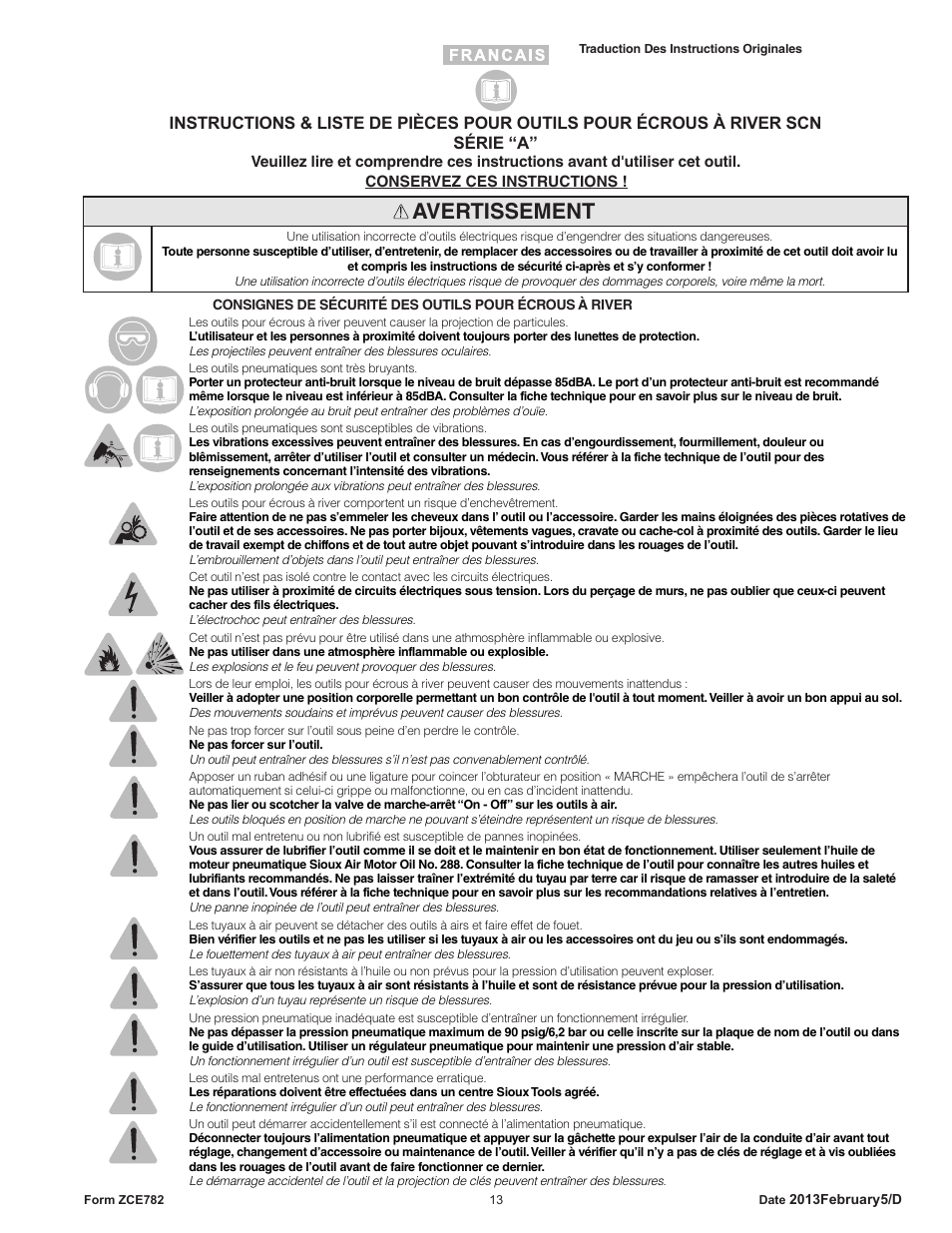 Avertissement | Sioux Tools SCN CLINCH NUT TOOLS User Manual | Page 13 / 29